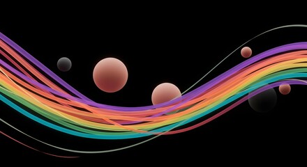 Colorful Abstract Waves and Spheres on a Dark Background Representing Dynamic Movement and Energy