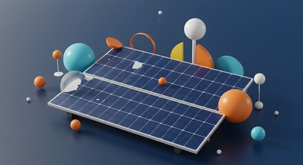 Solar Energy Panels Surrounded by Colorful Geometric Shapes and Abstract Elements in Modern Design