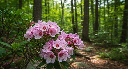 Lush Evergreen Foliage and Mountain Laurel Blossoms in Bloom