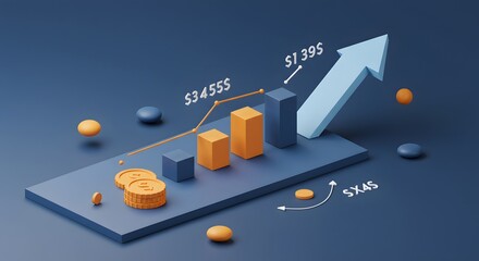 Financial Growth Chart with Coins and Arrows Displaying Increasing Revenue and Investment Trends