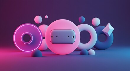Colorful Abstract Geometric Shapes with Neon Lights in a 3D Digital Composition