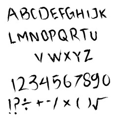 Hand-drawn vector alphabet and numeral set in expressive brushstroke style. Includes uppercase A-Z, digits 0–9, punctuation marks, and math symbols