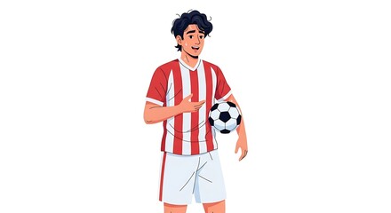 Standing Player Holding Soccer Ball in Red and White Uniform