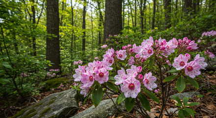 Rocky Forest Floor Covered in Blooming Mountain Laurel