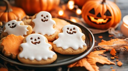 Plate of Halloween Ghost Cookies Surrounded by Pumpkins and Lights on Rustic Table perfect for seasonal bakery ads, Halloween party invitations, children’s treat packaging and cozy autumn blog visuals