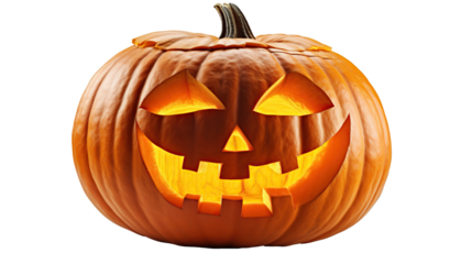 Spooky Halloween jack-o'-lantern with a scary carved face, glowing orange in the autumn night, a symbol of October holiday horror, isolated on transparent background. PNG