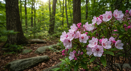 Blooming Mountain Laurel Flowers in a Peaceful Woodland Scene
