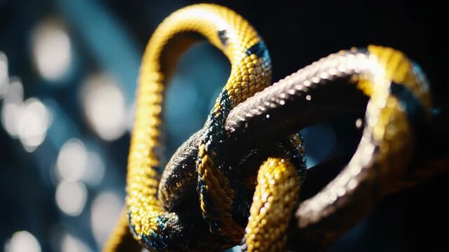 Close-up shot of a yellow and black rope texture with intricate patterns