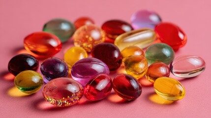 Colorful glossy pills & capsules on pink. Perfect for health, beauty, or pharmaceutical advertising. Ideal for websites, blogs, and social media.