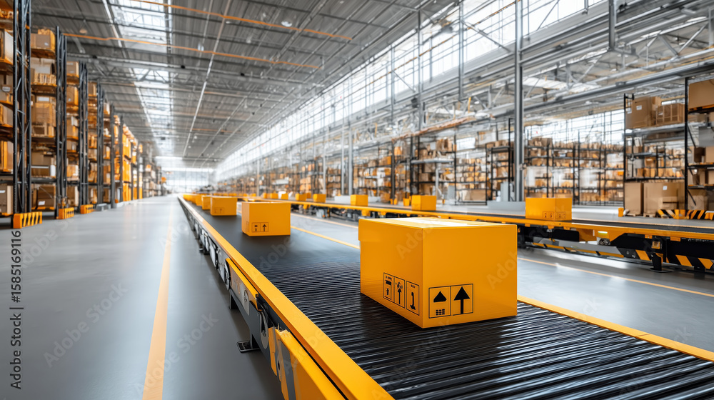 Poster efficient logistics operations in modern warehouse with automated sorting conveyor system and delive