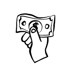 A hand holds a dollar bill, doodle sketch drawing, money vector illustration, banknote, black line on a white background, isolated