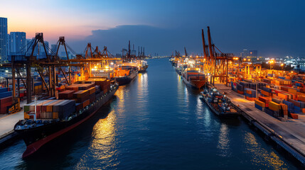 Fototapeta premium Aerial View of Busy Cargo Port at Dusk with Container Ships, Cranes, and Illuminated Waterways Under Twilight Sky