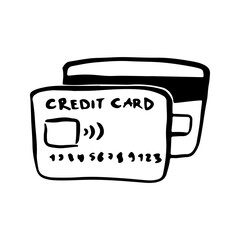Credit card doodle drawing, sketch, bank card vector illustration, black line on a white background, isolated