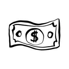 Dollar bill, doodle drawing, money cash sketch vector illustration, banknote, black line on a white background, isolated