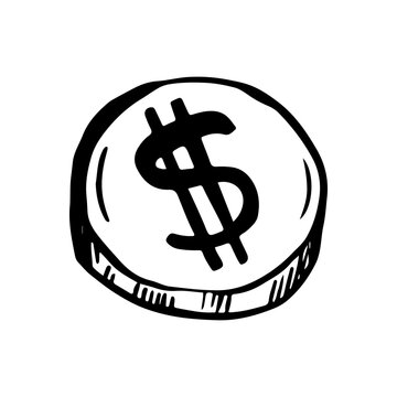 Coin doodle drawing, cent sketch vector illustration, black line on a white background, isolated