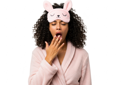 A young woman with curly black hair, wearing a pink bathrobe and a bunny sleep mask, yawns widely, looking tired and sleepy isolated on transparent background