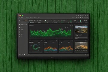 Digital dashboard display with multiple charts and graphs.  Dark theme, showing various data