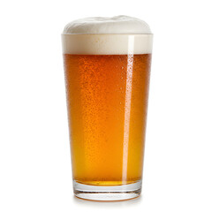 Frothy golden beer served in tall clear drinking glass
