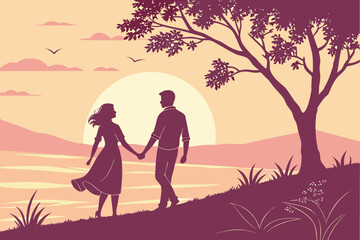 Silhouette of a couple holding hands at sunset by a lake, with a tree and birds in a serene landscape. Perfect for romantic or nature-themed designs.