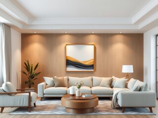 Fototapeta premium Cozy living room with modern wall art mockup and comfortable layout, living room, stylish, cozy