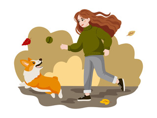Playful Corgi and Girl Outdoor Fun Autumn