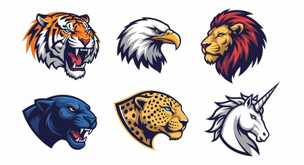 Adobe illustrator artwork of a set of six vibrant and powerful animal mascot logos: a roaring tiger, an eagle, a lion, a panther, a leopard, and a unicorn, ideal for diverse branding