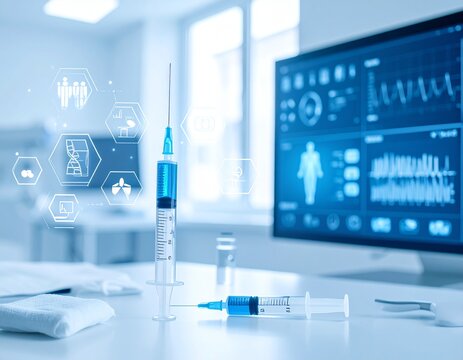 Scientist in a blue laboratory coat using advanced medical equipment for biotechnology research and blood tests - Powered by Adobe