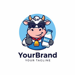 Adobe illustrator artwork of a cute and cheerful cow mascot logo with a thumbs-up, happily holding a milk bottle, perfect for dairy product or beverage branding