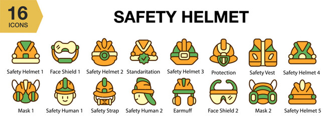 Fototapeta premium Safety Helmet flat icon set. Includes helmet, safety, protection, hardhat, construction, and More. Flat icons vector collection.