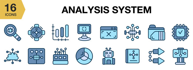 Analysis System flat icon set. Includes analysis, system, data, report, chart, and More. Flat icons vector collection.