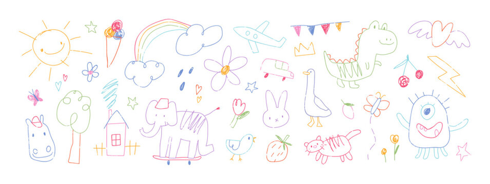 Naklejki Kids doodle drawings set. Hand-drawn pencil sketches, childrens scribbles. Childs house, flower, sun, rainbow, naive childlike-style pictures. Flat vector illustration isolated on white background