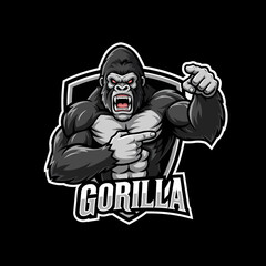 Adobe illustrator artwork of a strong, vibrant gorilla mascot logo with an aggressive pose and red eyes, perfect for e-sports, gaming, or powerful, dominant brand imagery