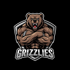 Adobe illustrator artwork of a ferocious grizzly bear mascot logo with powerful muscles and a snarling expression, ideal for sports teams, e-sports gaming, or a strong, untamed brand identity