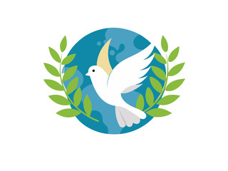 Obraz premium White dove of peace flying across planet earth with green laurel branches