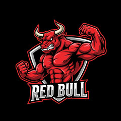 Adobe illustrator artwork of a powerful, vibrant red bull mascot logo with massive muscles and an aggressive expression, ideal for sports energy drinks, e-sports teams, or bold branding