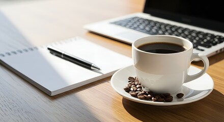 Coffee Cup with Beans Beside Notebook and Laptop on a Wooden Table in Bright Morning Light