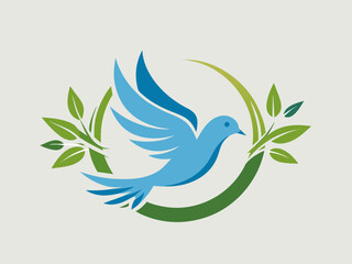 Fototapeta premium A blue dove with wings spread flies through a green laurel wreath symbol
