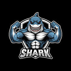 Adobe illustrator artwork of a powerful, vibrant shark mascot logo with muscular arms and an aggressive expression, perfect for e-sports teams, gaming, or strong brand identity in aquatic themes