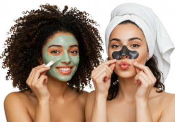 Two women applying face masks for a relaxing beauty treatment, one with green, one with black isolated on transparent background