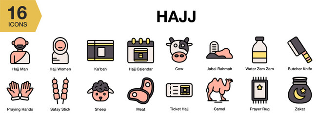 Hajj flat icon set. Includes hajj, pilgrimage, mecca, kaaba, islam, and More. Flat icons vector collection.