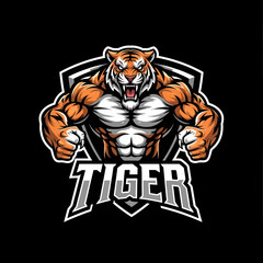 Adobe illustrator artwork of a powerful and fierce tiger mascot logo with muscular arms and an aggressive expression, perfect for e-sports teams, gaming, or strong brand identity