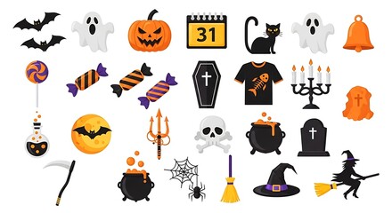 Fototapeta premium Flat Design Halloween Icons: Spooky, Festive, and Fun Vector Graphics for October 31st.
