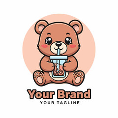 Adobe illustrator artwork of a cute and vibrant bear mascot logo character sitting and drinking bubble tea, perfect for playful branding related to beverages or dairy products