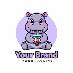 Adobe illustrator artwork of a cute and vibrant hippo mascot logo character sitting and drinking bubble tea, perfect for playful branding related to beverages or dairy products