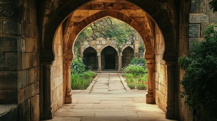 Fototapeta premium Ancient arched passageway leading to a serene courtyard garden.