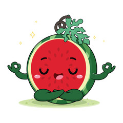 Cute And Adorable Colorful Watermelon Fruit Cartoon Characters Doing Yoga And Meditation Illustration