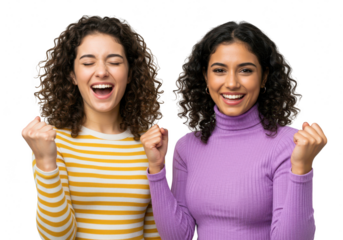 Two young women with curly hair celebrate success with joyful expressions and fist pumps, isolated on transparent background