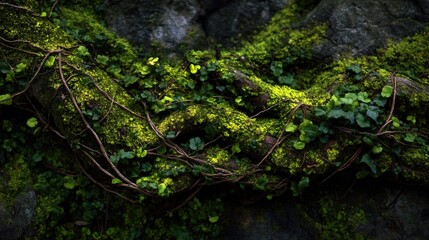 Lush green moss and vines on rocks. Perfect for nature, fantasy, and eco themes. Ideal for websites, prints, and advertising.