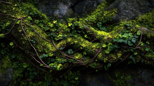 Lush green moss and vines on rocks. Perfect for nature, fantasy, and eco themes. Ideal for websites, prints, and advertising. - Powered by Adobe