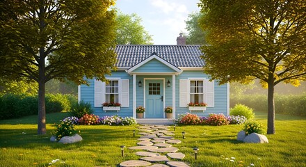 A quaint blue cottage with a stone pathway nestled in a lush green garden under a bright summer sky